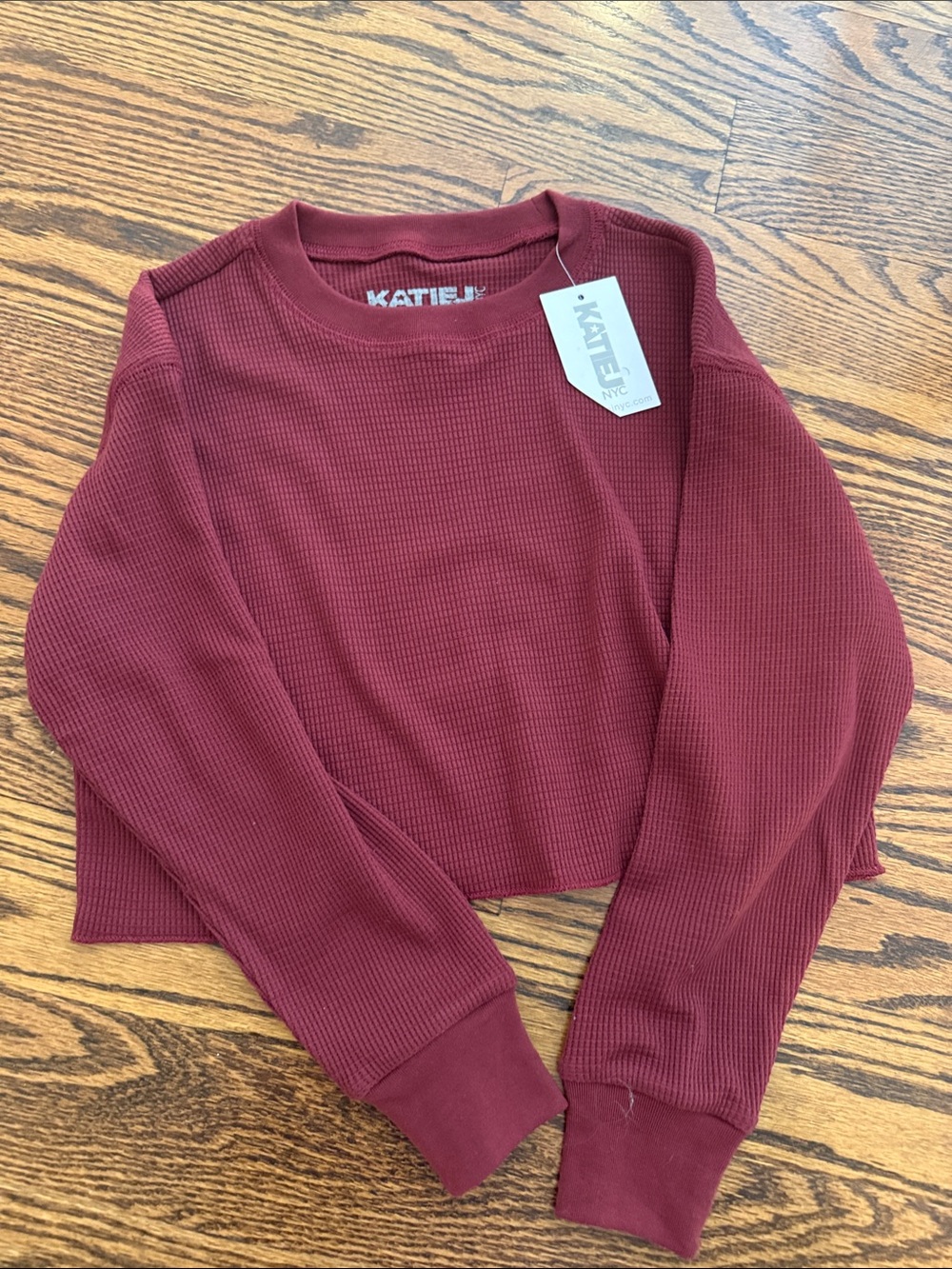 Katie J NYC Wine Red Waffle Knit Crewneck
